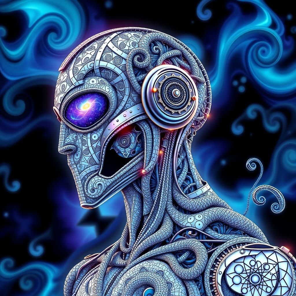 Robot Zentangle Fractal Art with Aurora Borealis Colors