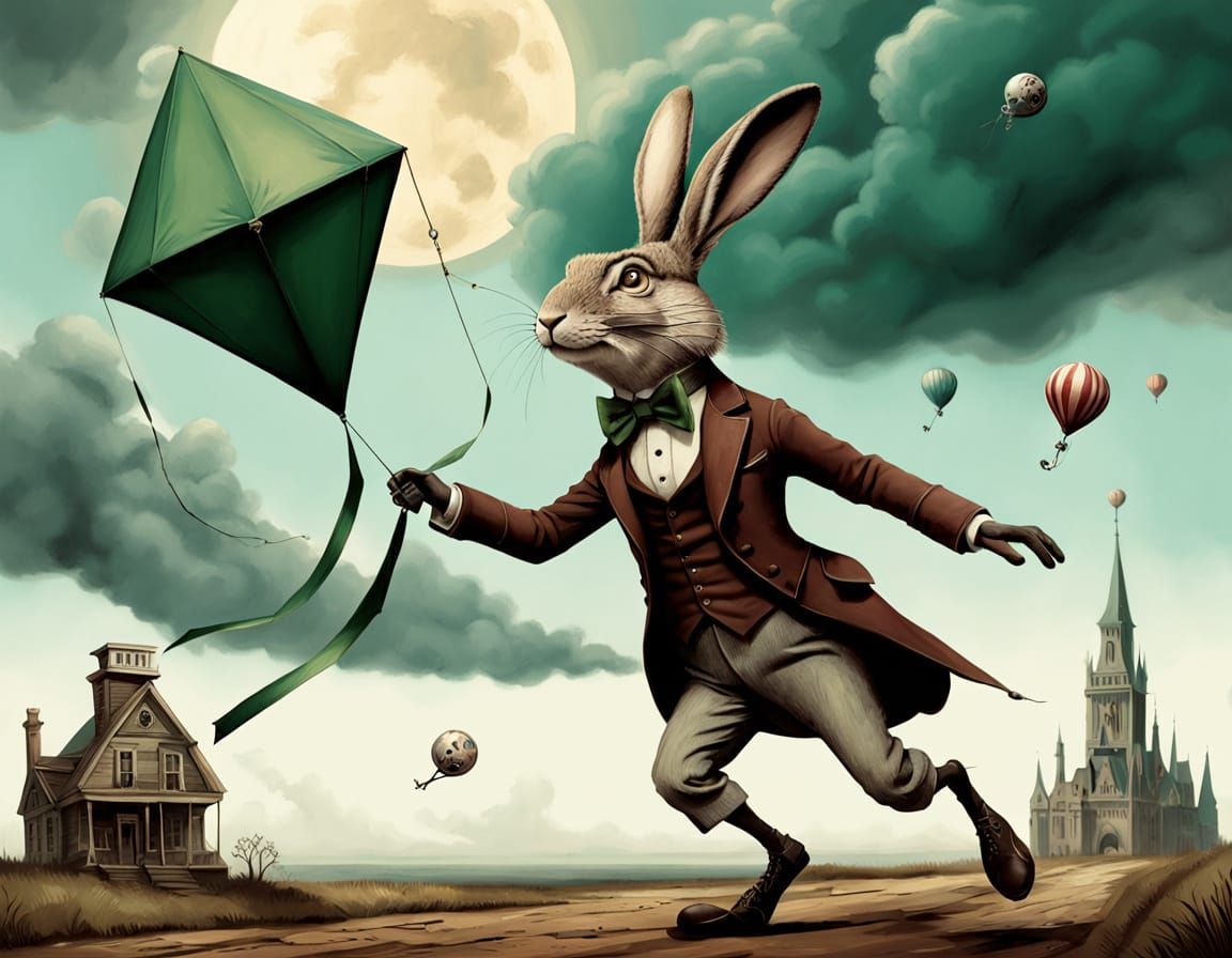 Imagine a whimsical scene of a rabbit embodying Thomas Edison. He is wearing a brown victorian tailcoat with green trimm...