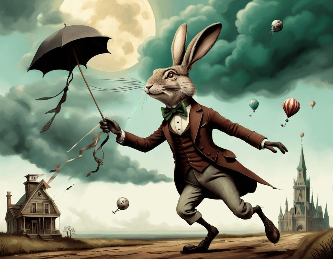 Imagine a whimsical scene of a rabbit embodying Thomas Ediso...