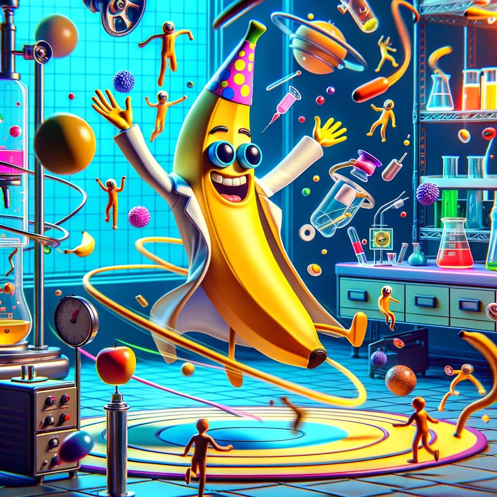Anthropomorphic Banana in Zero-G Lab, Retro Cartoon Style