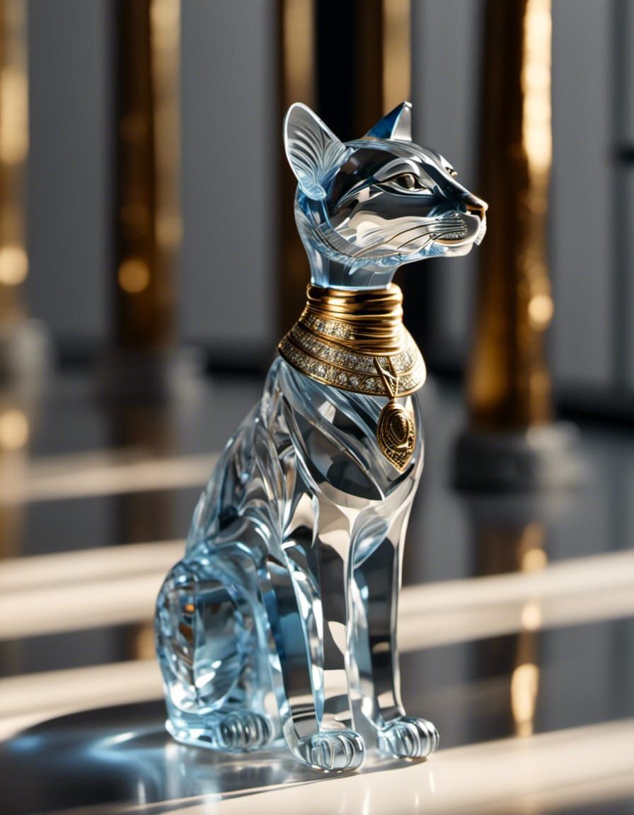 Elegant Glass Egyptian Cat Sculpture with Golden Necklace