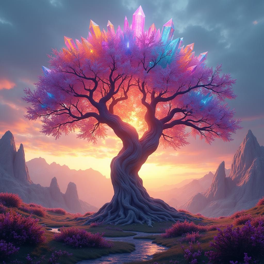 Rainbow Crystal Tree in Detailed Matte Painting Style