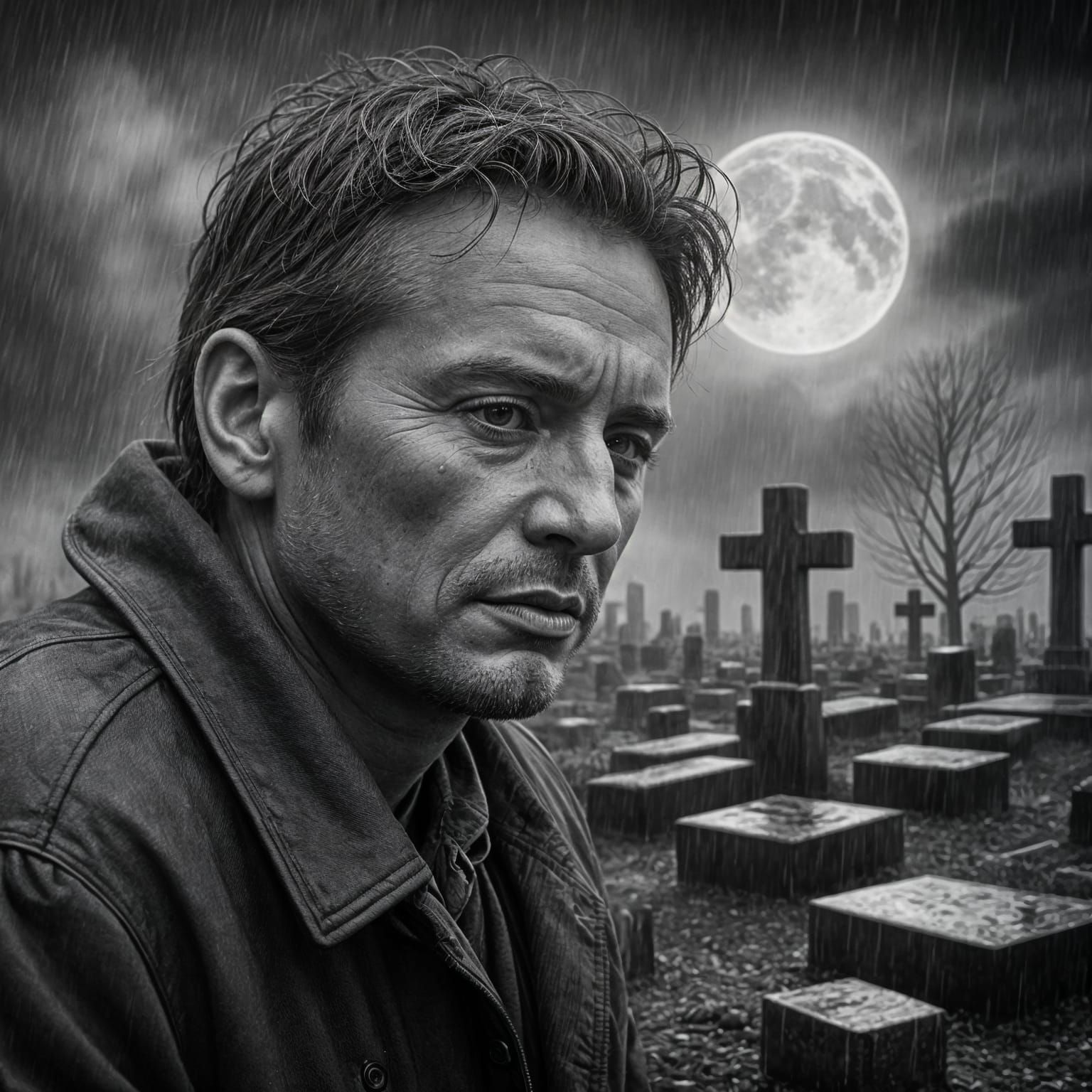 Man Contemplates Grief in Rainy Cemetery at Night