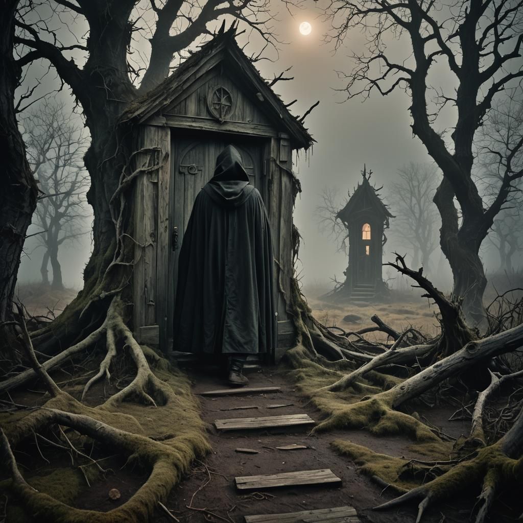 Eerie Figure at Witch House Door in Moon Bog