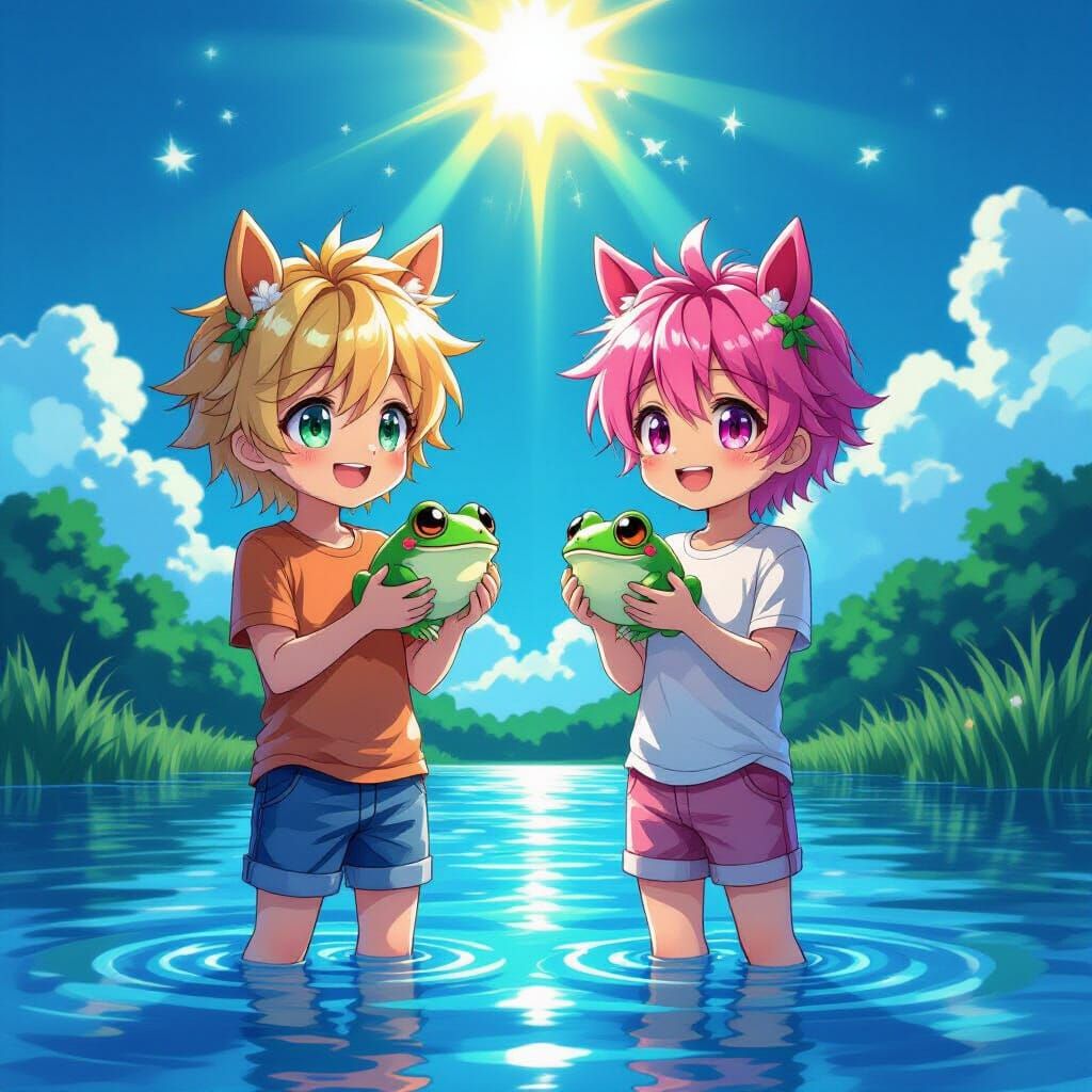 Anime Boys with Horse Ears and Frogs in a Lake