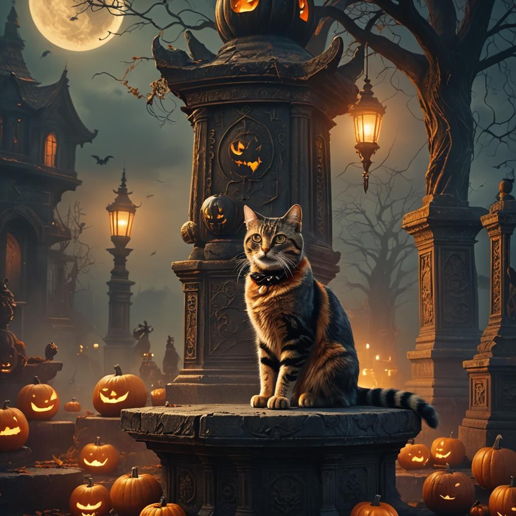 Halloween Cat Portrait in Dreamlike Digital Painting