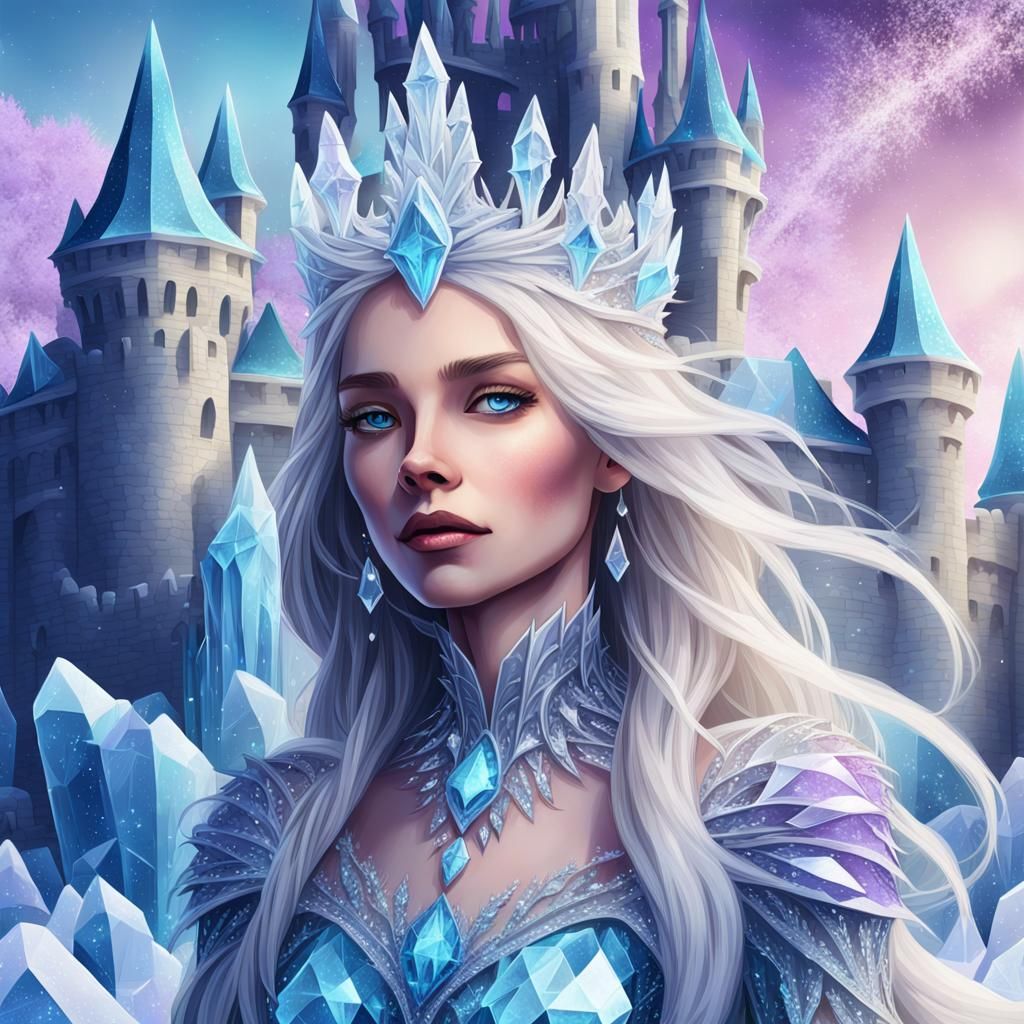 Ice Queen and Crystal Castle: Vibrant Fantasy Art