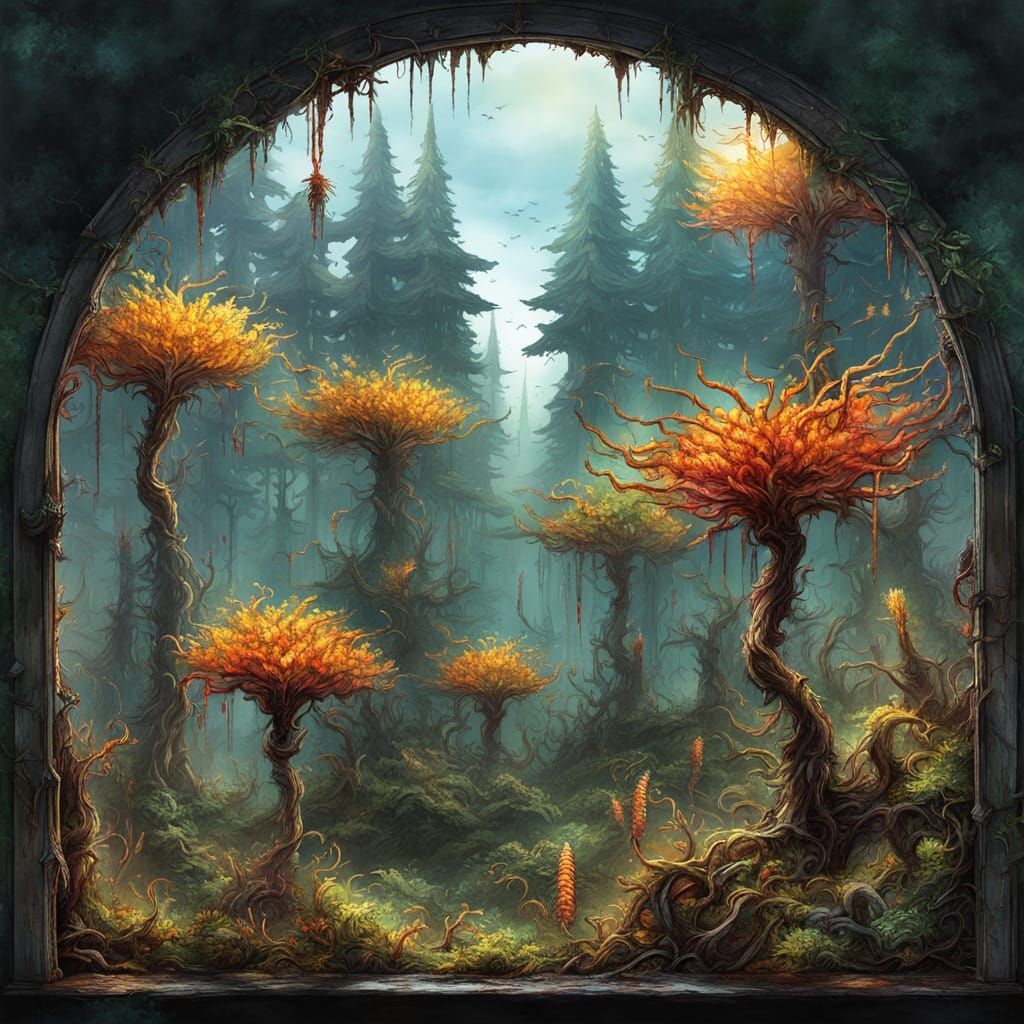 Enchanted Cordyceps Forest With Colorful Infected Windows