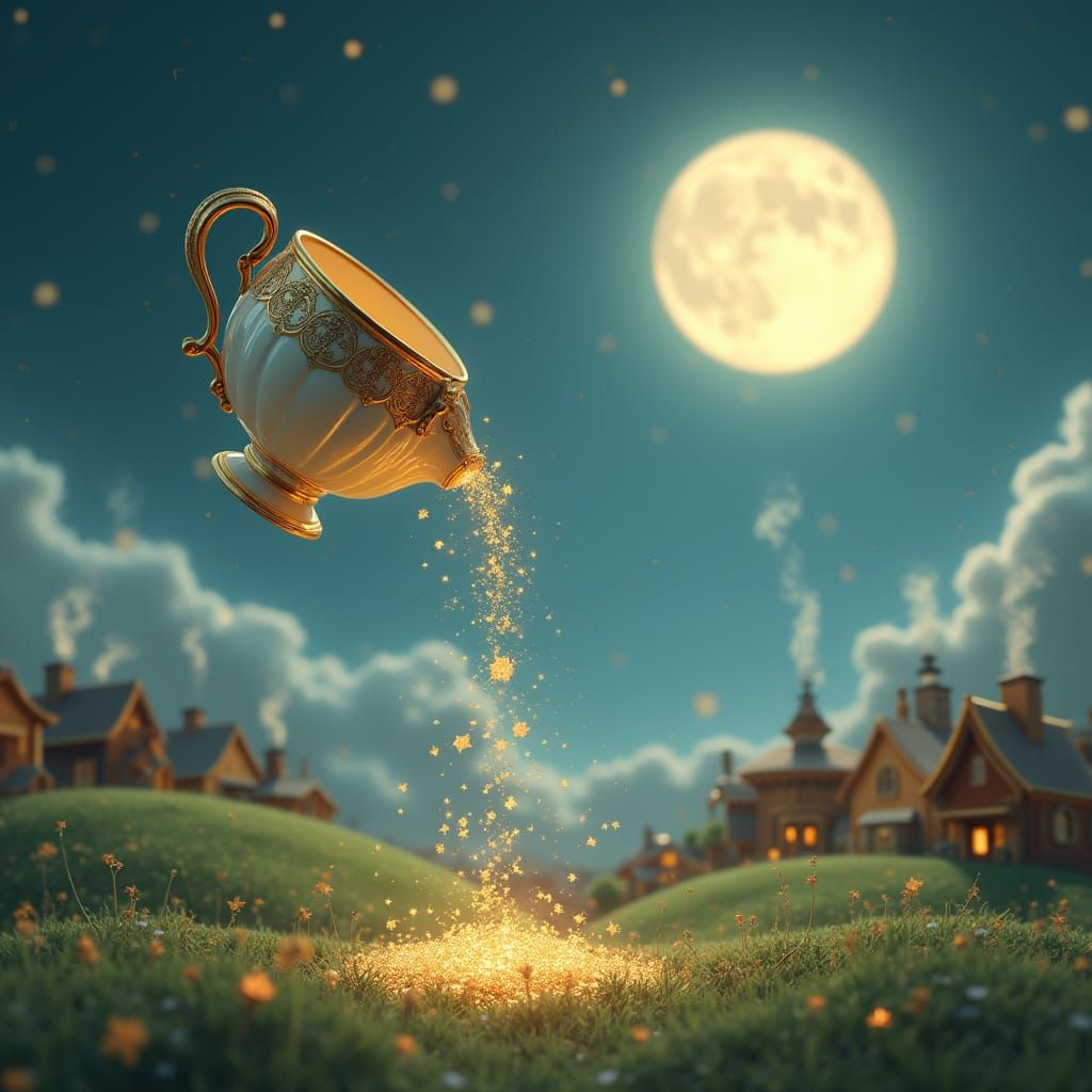 Whimsical Teacup Floats Among Stars in Dreamy Landscape