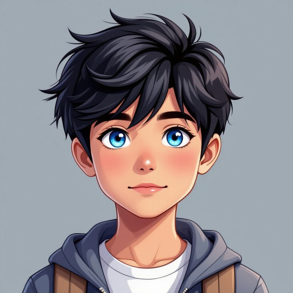Realistic Portrait of a Boy with Blue Eyes and Black Hair