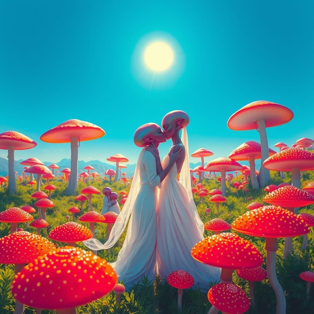 Alien Wedding in a Vibrant Mushroom Landscape