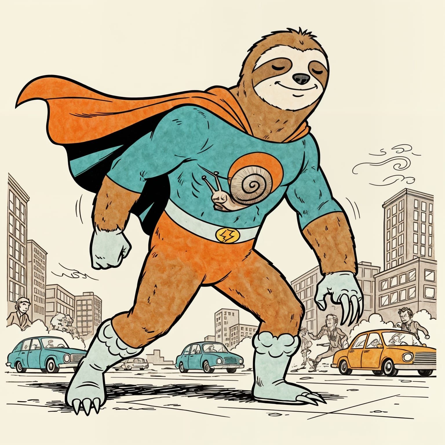 Sloth Superhero Comic Art in 1960s Pulp Style
