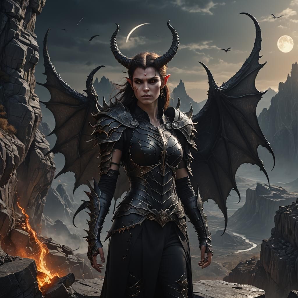 Demon Supermodel on Rocky Cliff in Dark Fantasy Art