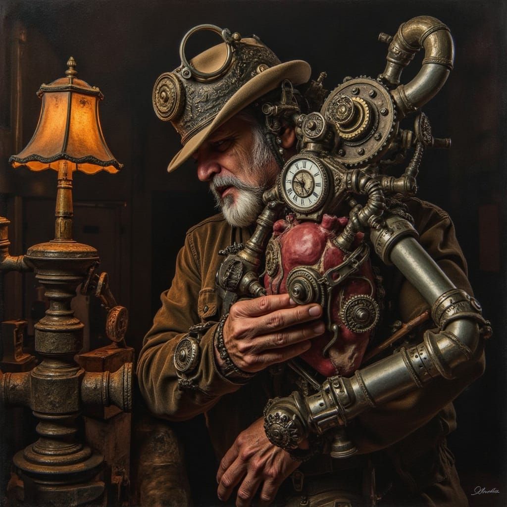 Steampunk Automaton Repairs Clockwork Heart in Workshop
