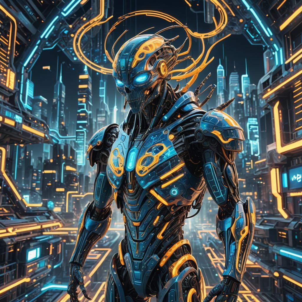 Neon Circuit Automan in Futuristic Cityscape