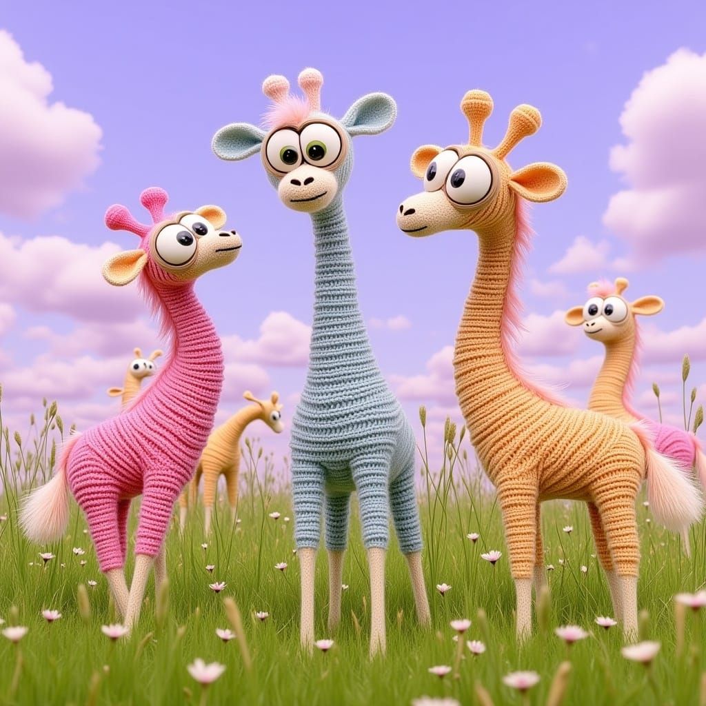 Knitted Giraffes in Dreamlike Pixar Fingerpunk Scene