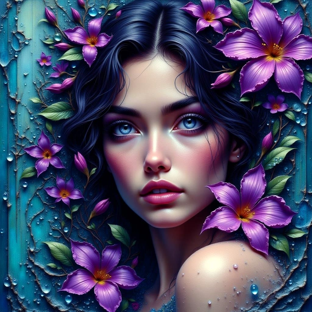 Sensual Dark Haired Beauty in Turquoise and Purple Hues