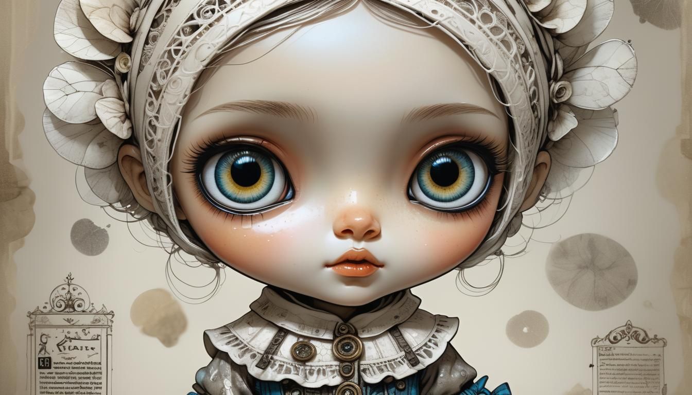 Chibi Blythe Doll with Luminous Eyes in Pen and Ink