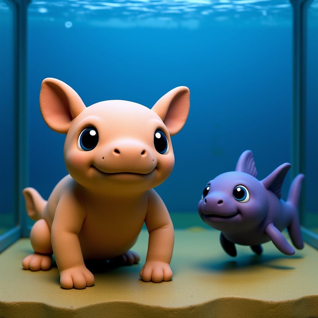 Whimsical Clay Axolotl Sculpture Beside Real Axolotl