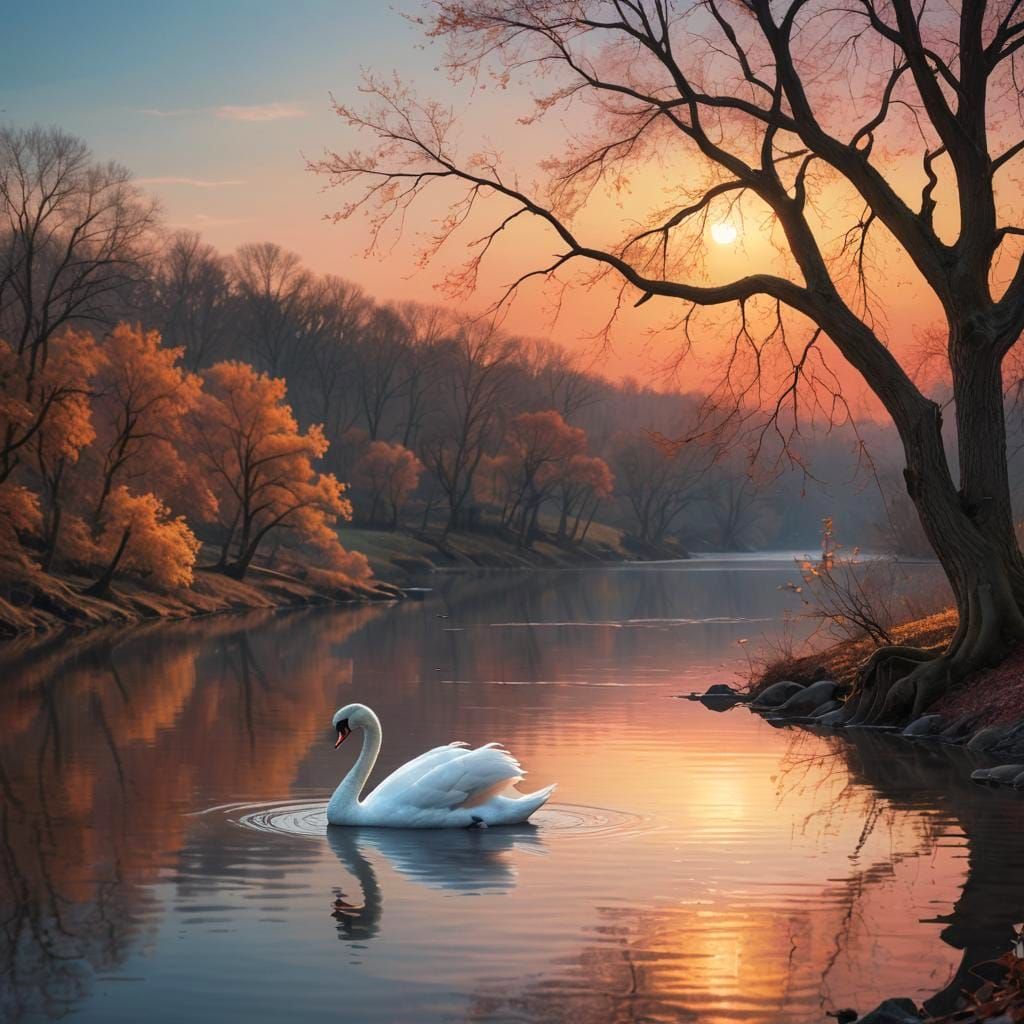 White Swan on River at Sunset: Fantasy Concept Art