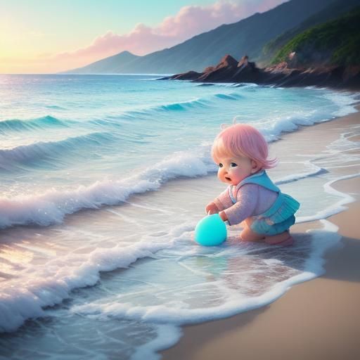 Baby on Fiji Beach in Dreamy Watercolor Style