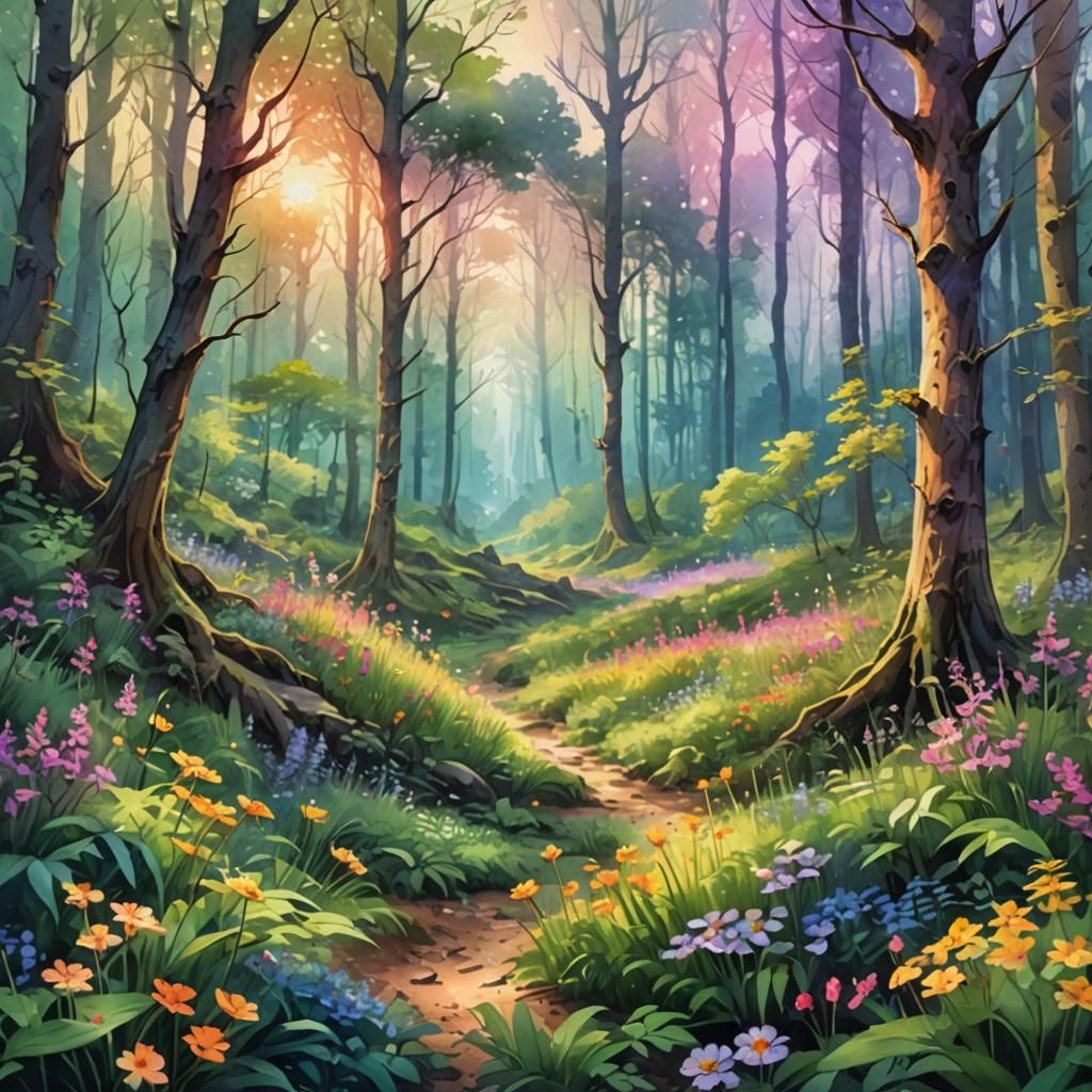 Spring Forest in Digital Watercolor Art