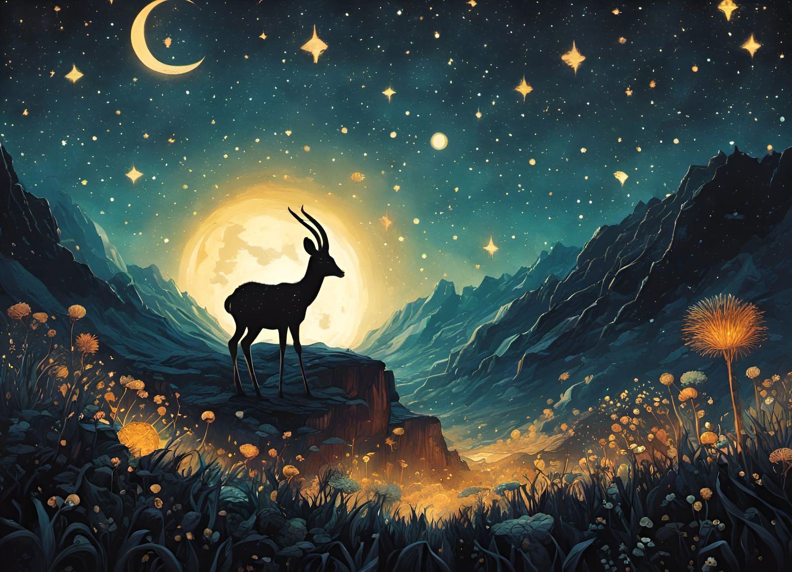 Starry Nightscape with Baby Antelope