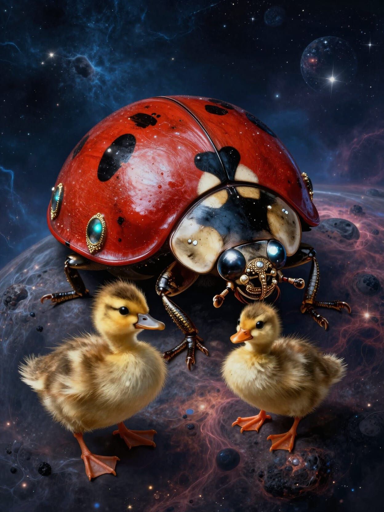 Bioluminescent Ladybug in Baroque Jewelry on Cosmic Planet
