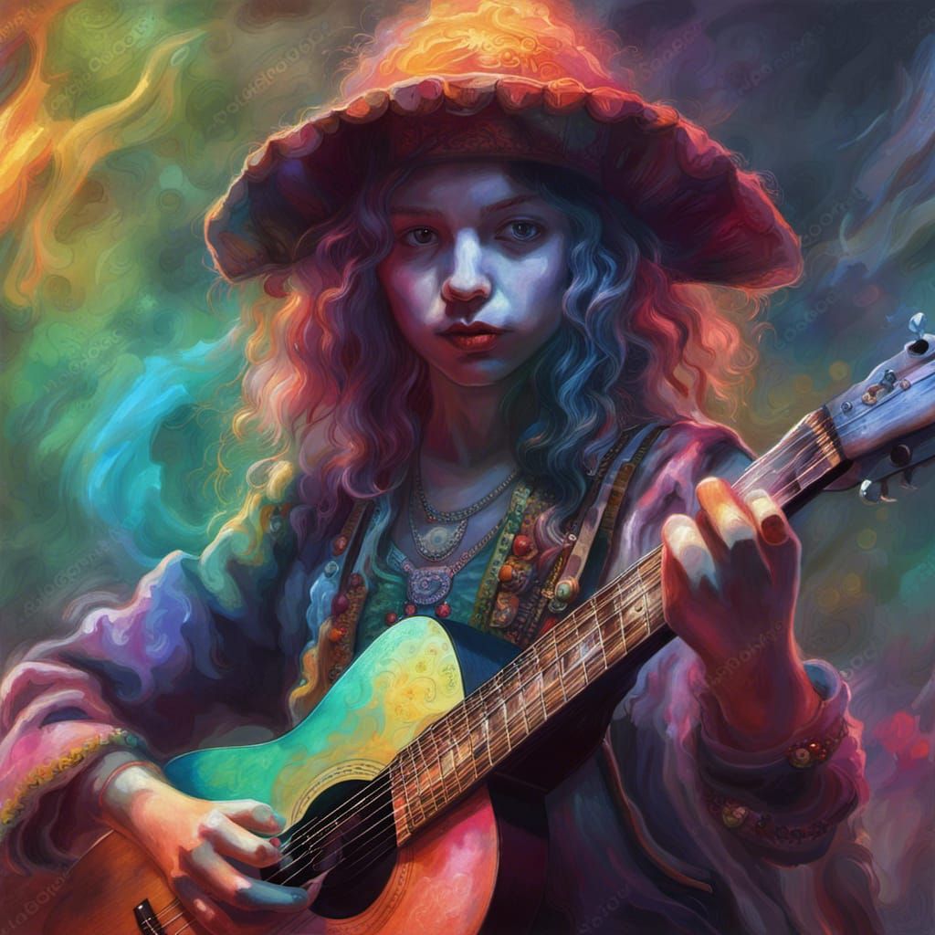 Ethereal Elf Rockstar Girl: A Colorful Rembrandt-Style Paint...