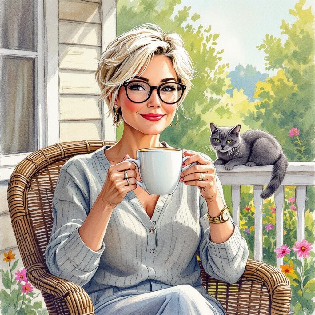 Woman and Cat on Veranda in Colored Pencil Style