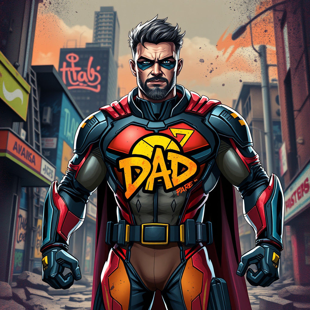 Anime Dad Superhero in Graffiti Cityscape