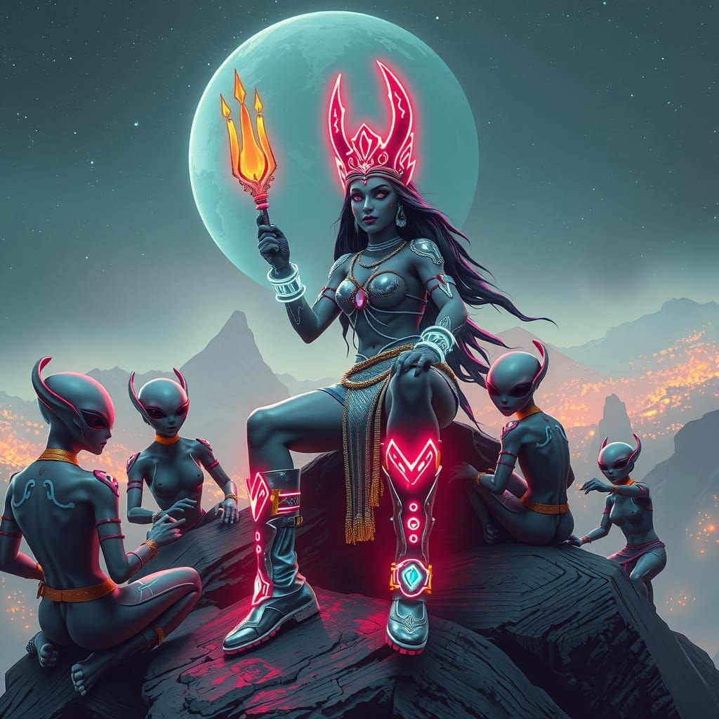 Durga Surrounded by Aliens in Neon Cyberpunk Landscape