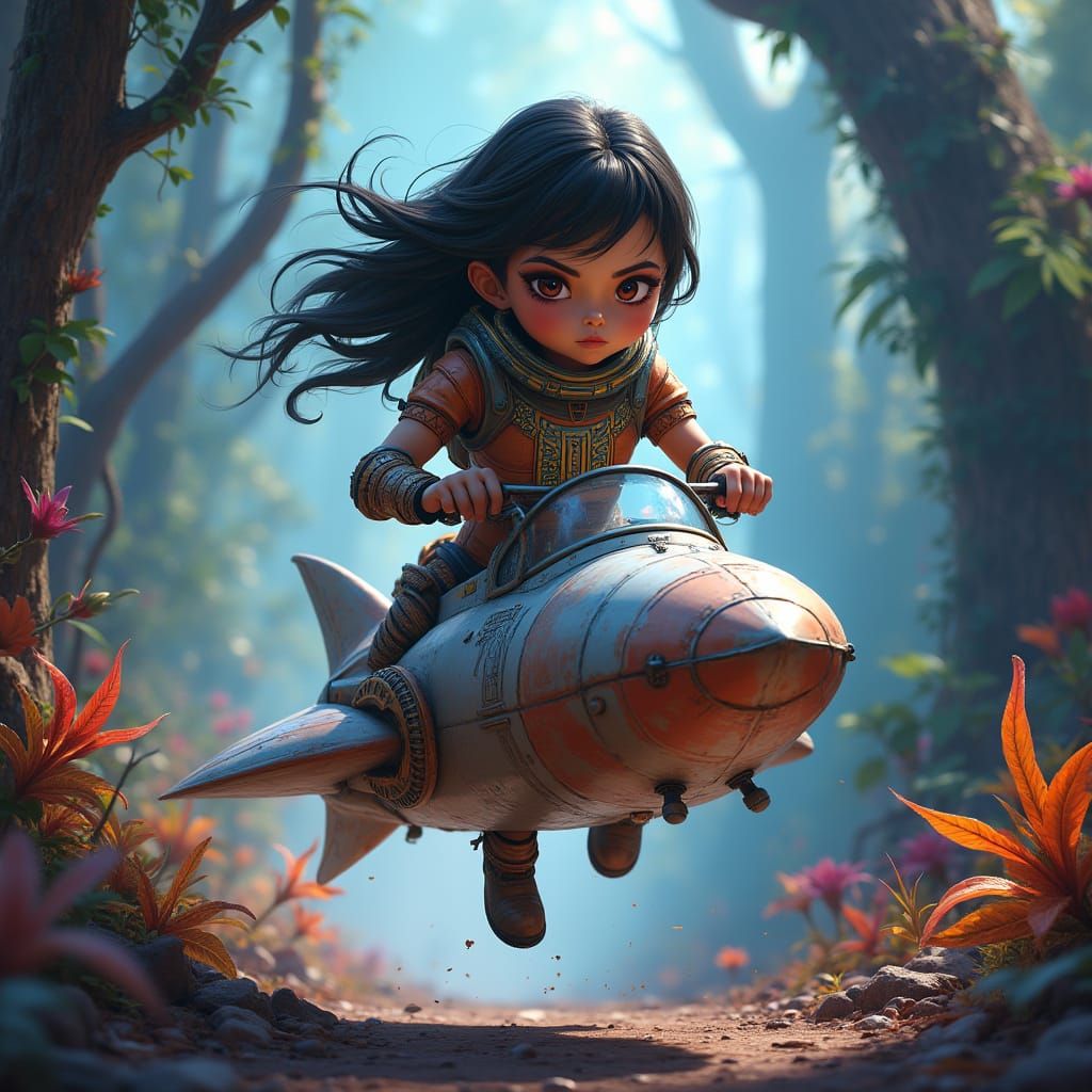 Girl in Spacesuit Piloting Rocket Through Alien Jungle