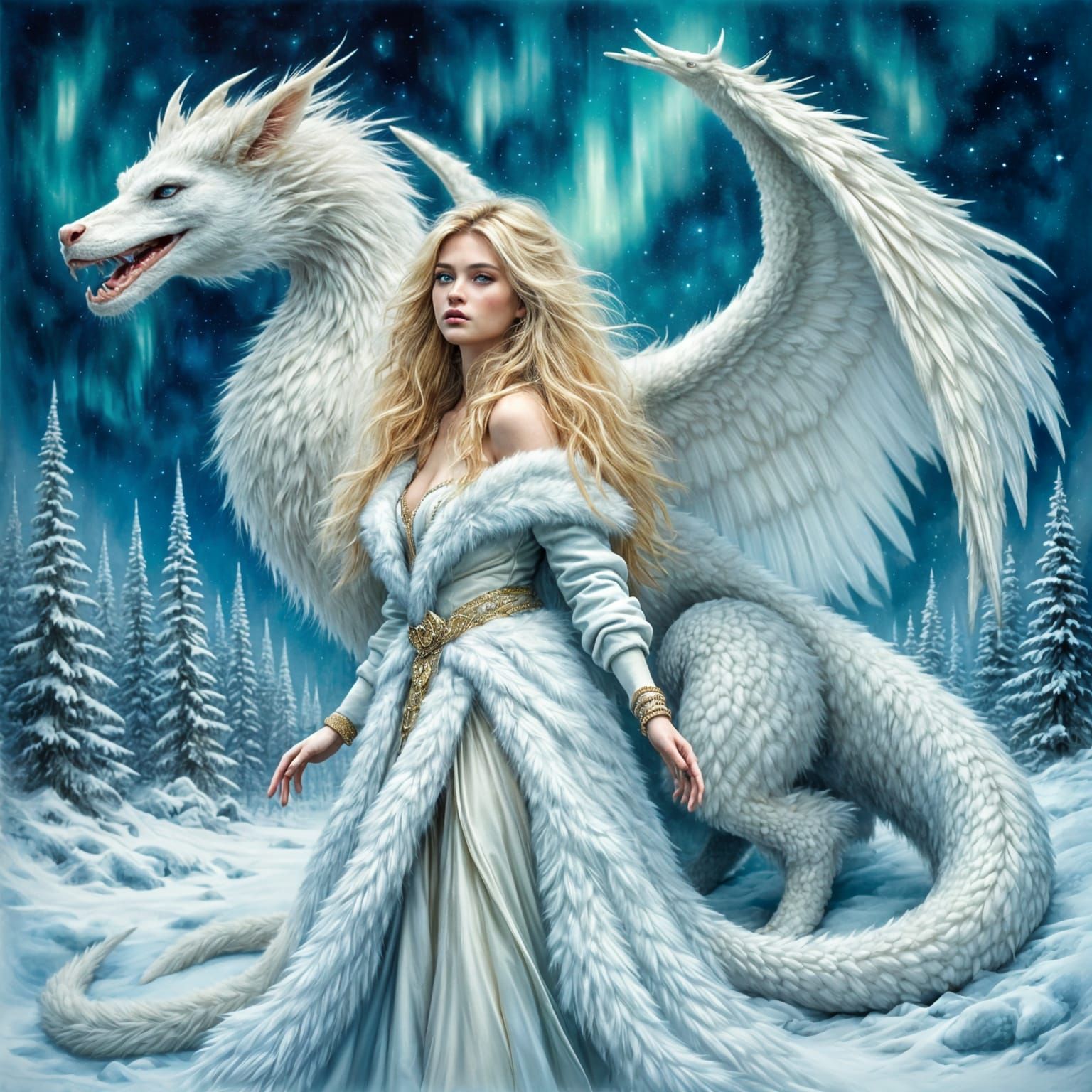 Ice Princess and Dragon in Antique Watercolor Style