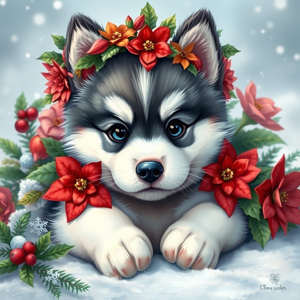 A whimsical ultra HD illustration of a cute, fluffy husky pu...