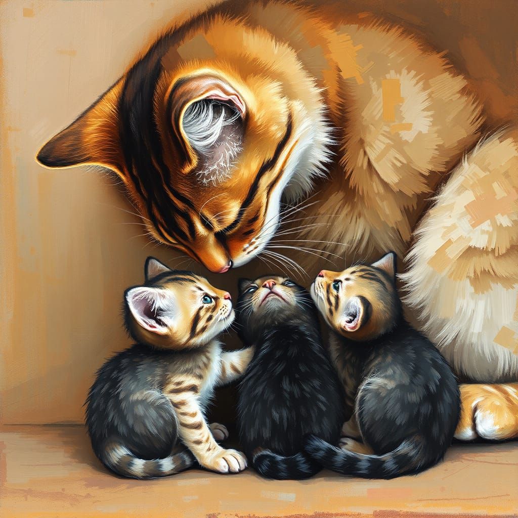 Mother Cat Nursing Kittens: Impasto Oil Painting