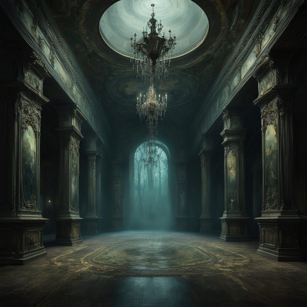 Ethereal Ballroom in Baroque Style Under Cold Moonlight