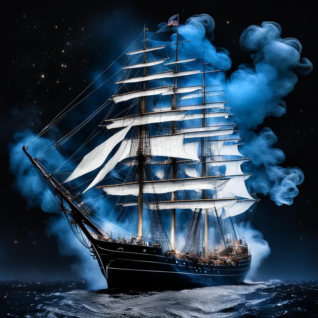 Ethereal Ghost Ship Made of Light and Smoke