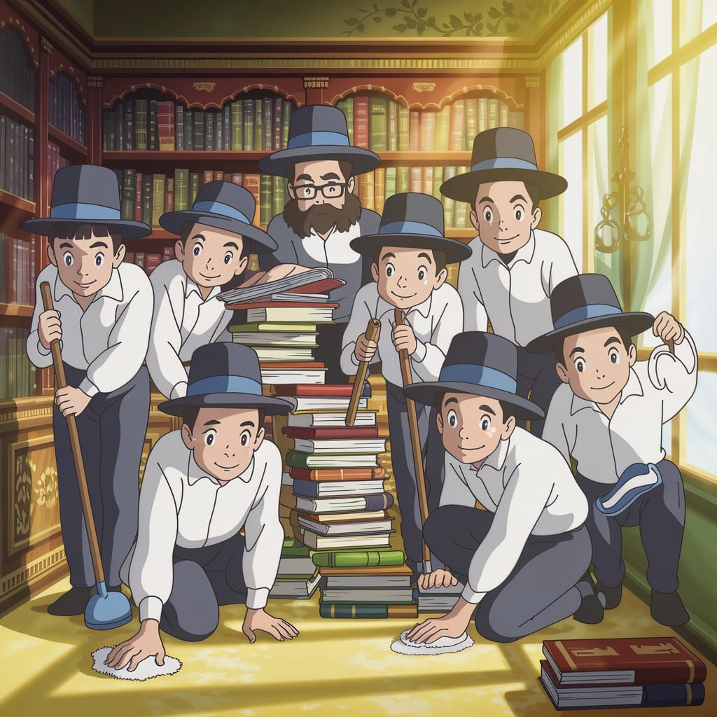 Orthodox Jewish Children Clean for Passover in a Cozy Anime-...