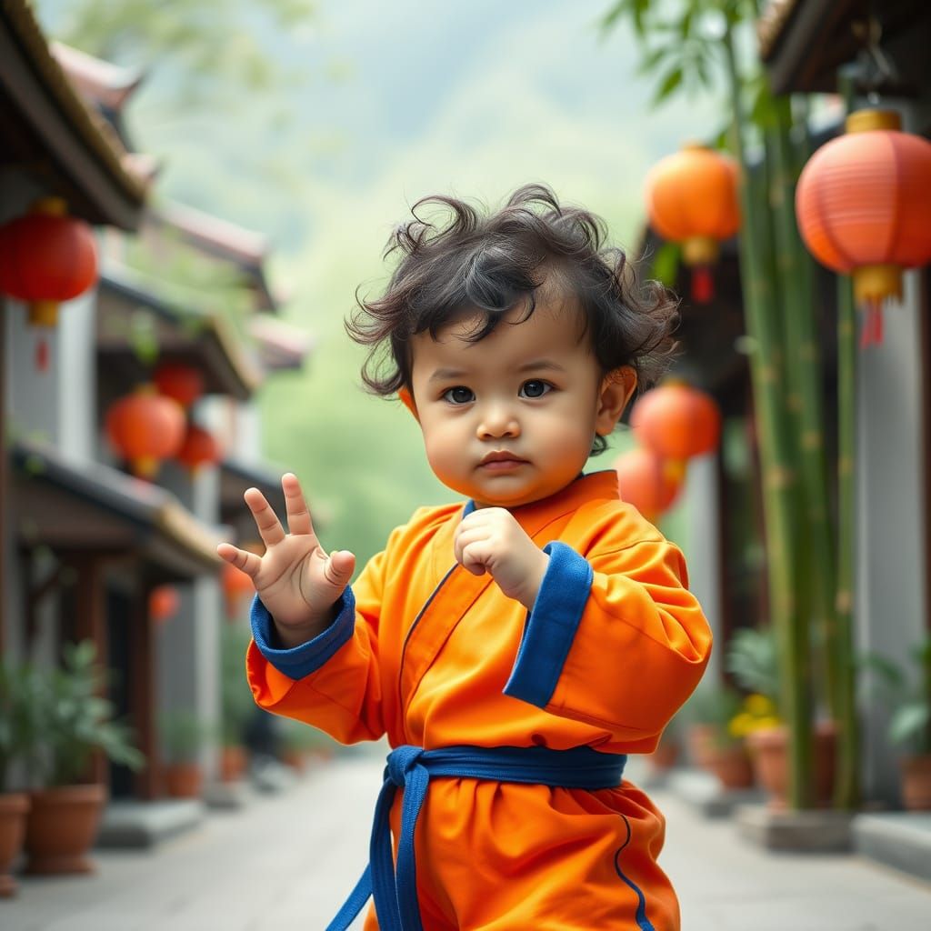 Confident Baby Girl in Goku Outfit, Cinematic Film Still