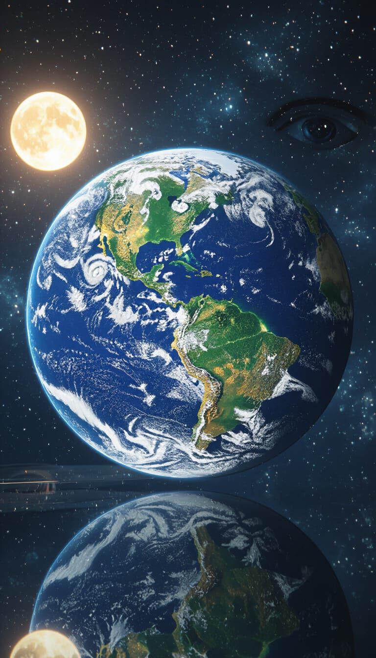 Twin Earth in Space with Glowing Moon and Scientist's Reflec...