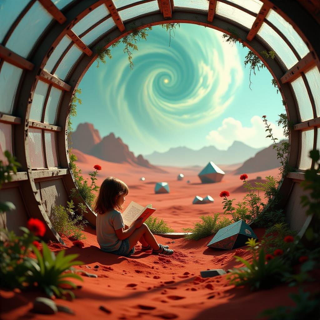 Girl Reads in Alien Greenhouse, Hyperrealistic Style