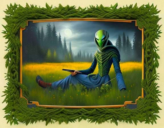 Alien Scribe Studying Evergreen: Edwardian-Inspired Portrait