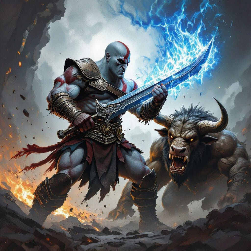 Young Kratos Battles Minotaur with Blade of Olympus