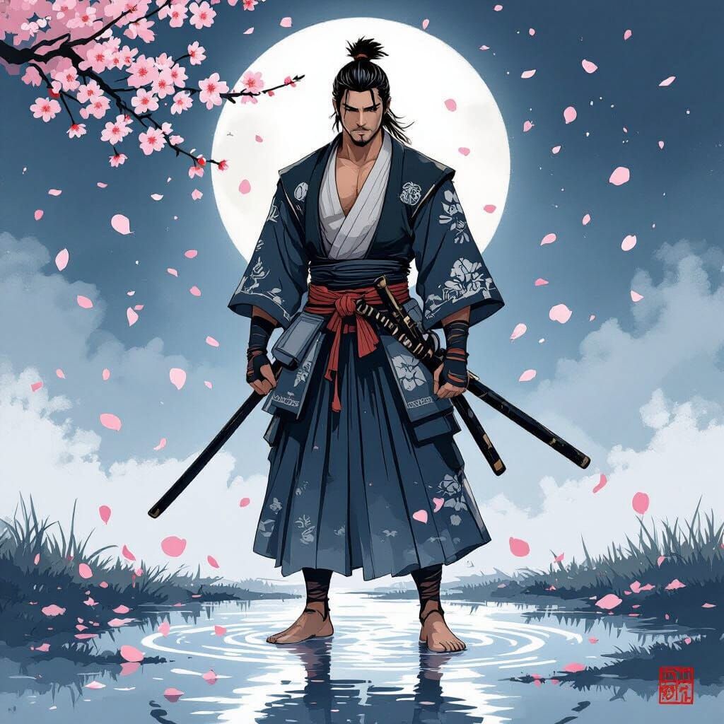 Serene Samurai in Moonlit Ukiyo-e Style