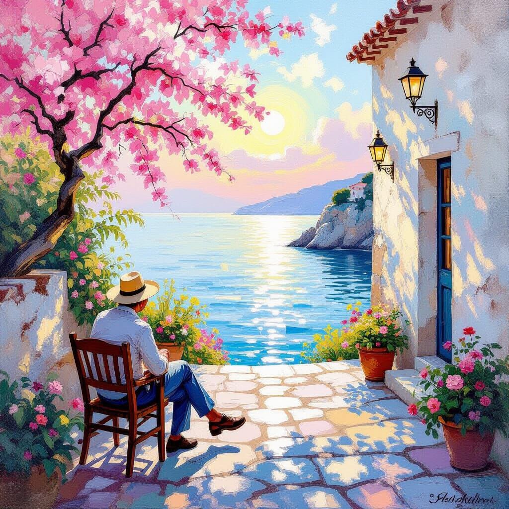 Radiant Sunset Encounter: Impressionist Painting of an Old M...