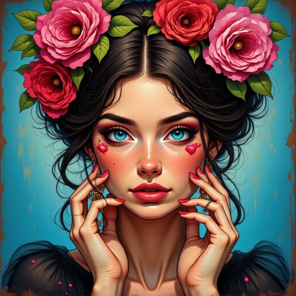 Venetian Woman Masked Portrait in Watercolor and Grunge Styl...