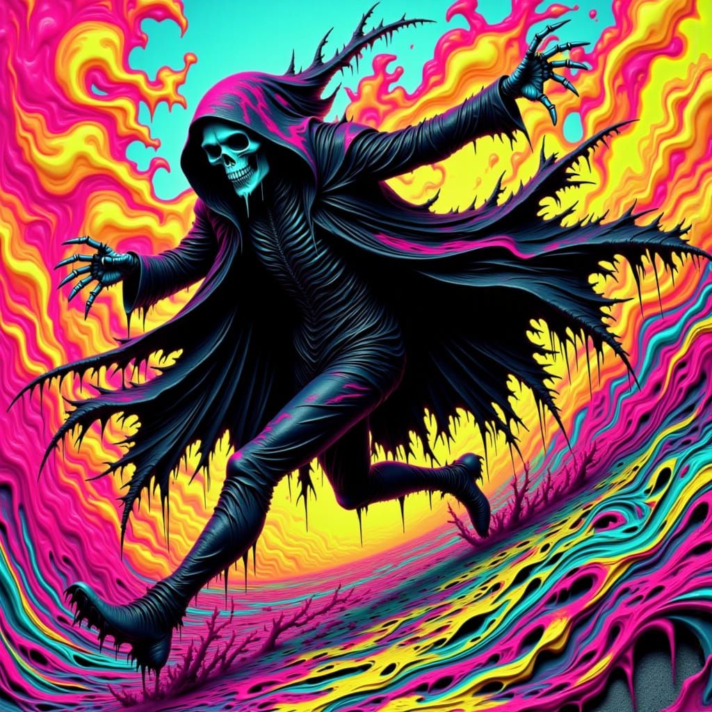 Pop Art Grim Reaper Runs Through Melting Macabre Landscape i...