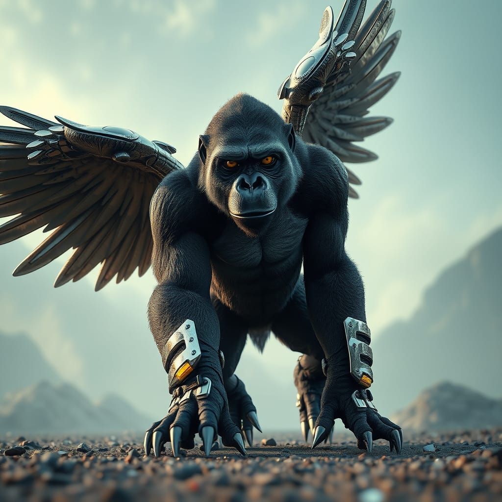 Cyberpunk Gorilla Hybrid Soars with Eagle Wings and Panther ...