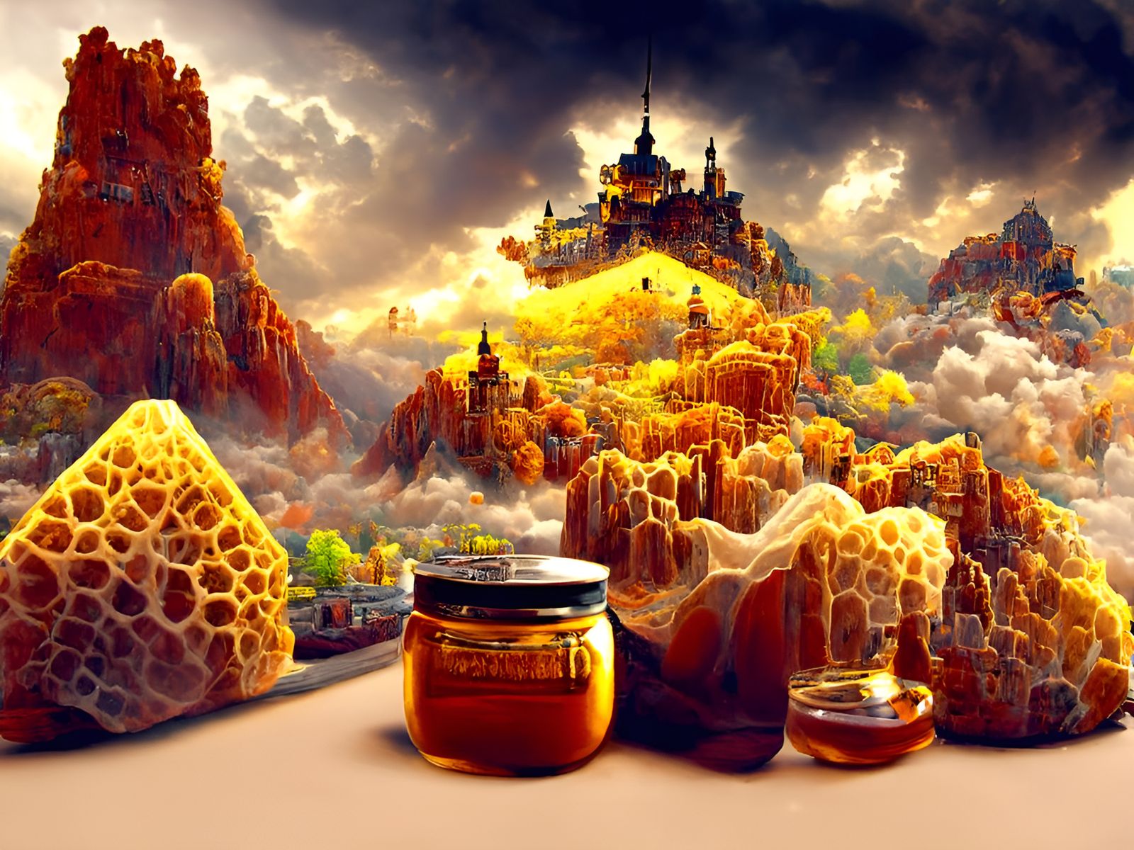 Epic Honey Castles and Mountains Landscape